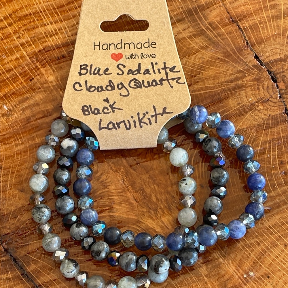 Natural Gemstone Bracelets - Blue Sodalite, Cloudy Quartz, Black Larvikite